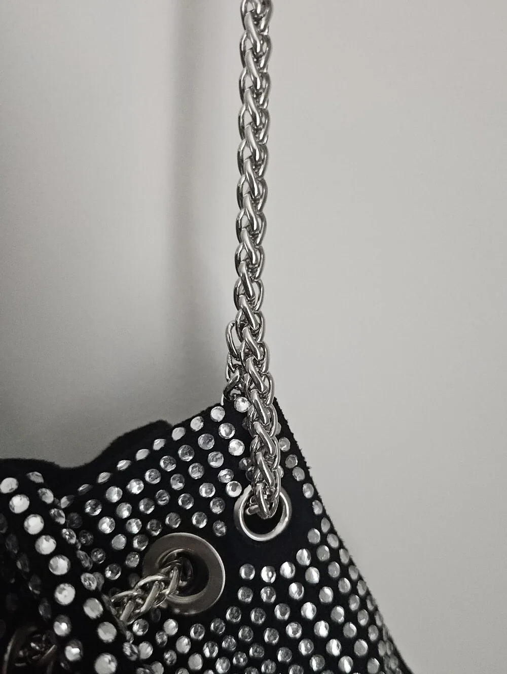 Black Rhinestone Mini Drawstring Bag With Chain - Picture 4 of 7